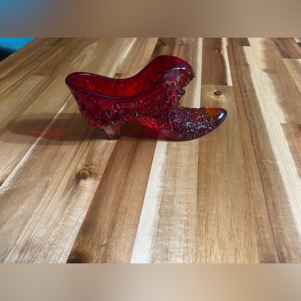 Vintage Amberina Red Glass Shoe Daisy & Button, Marked with Sticker And Brand